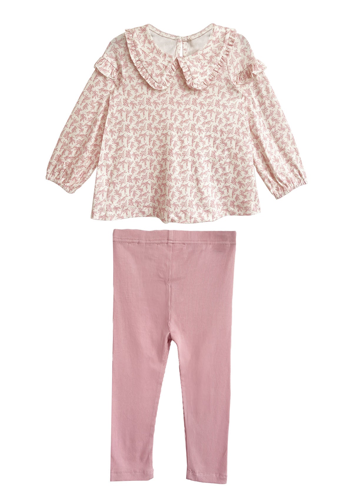The Mabel and Honey Primrose Two Piece Set features a charming pink floral long-sleeved top with a large collar and plain light pink leggings—a perfect outfit for any baby girl.