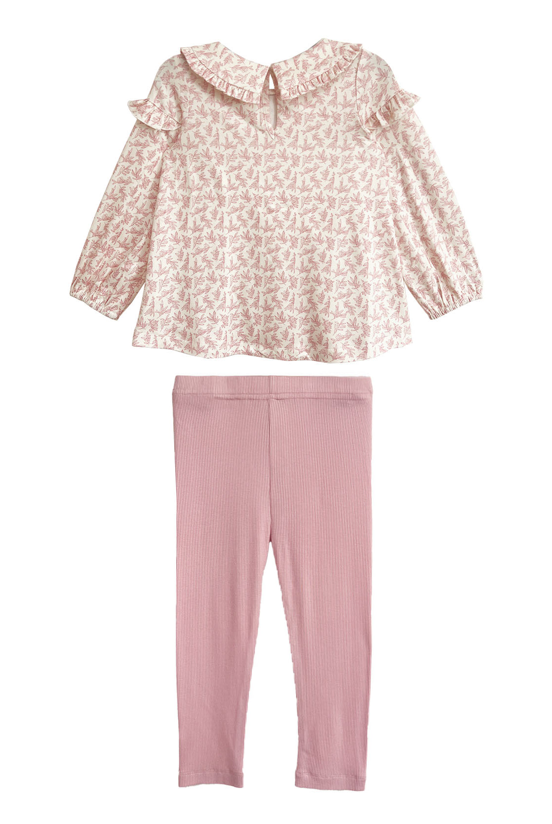 The Mabel and Honey Primrose Two Piece Set features a long-sleeve, pale pink floral top with a ruffled collar and matching leggings, displayed on a white background—an adorable outfit for baby girls.