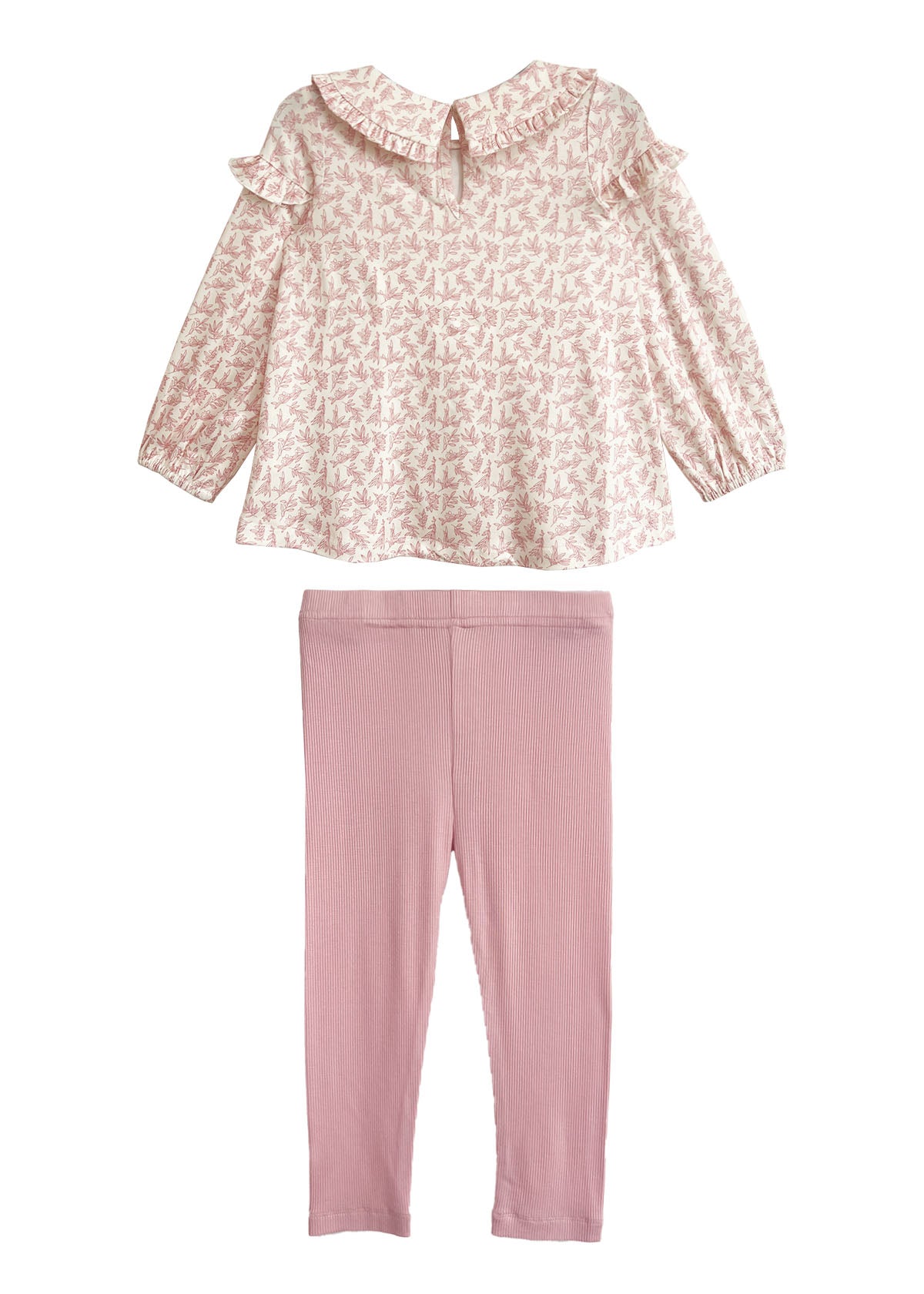 The Mabel and Honey Primrose Two Piece Set features a long-sleeve, pale pink floral top with a ruffled collar and matching leggings, displayed on a white background—an adorable outfit for baby girls.