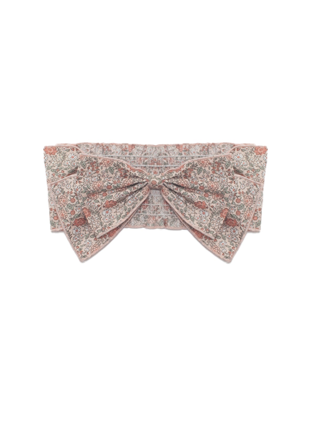 The Emmaline Hair Accessory by Mabel and Honey is a vintage-inspired headband with a soft pink and gray floral pattern, oversized bow, and crisp white background.