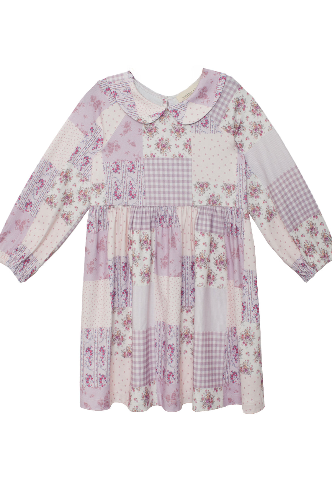 The Liliana Floral Dress by Mabel and Honey features a Peter Pan collar, long sleeves, and soft pink, lavender, and white floral gingham patterns. Gathered fabric at the waist and cuffs adds a touch of classic charm.