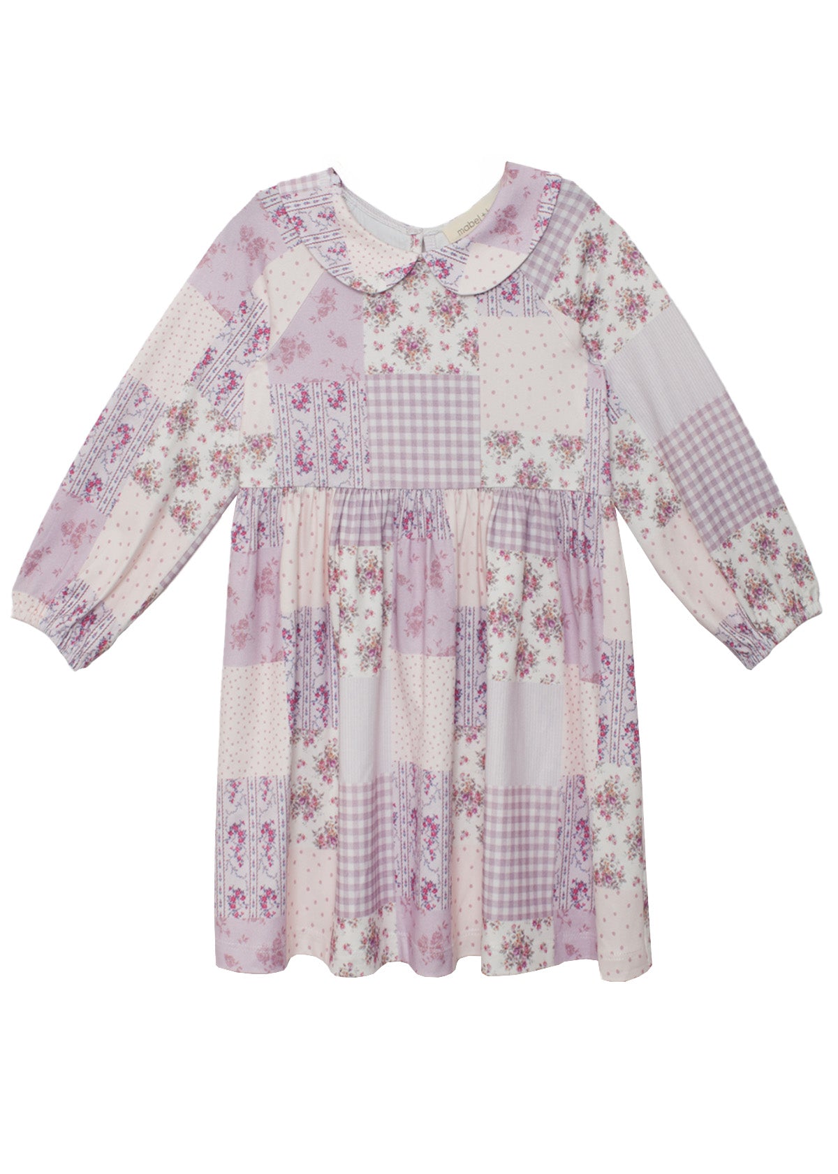 The Liliana Floral Dress by Mabel and Honey features a Peter Pan collar, long sleeves, and soft pink, lavender, and white floral gingham patterns. Gathered fabric at the waist and cuffs adds a touch of classic charm.