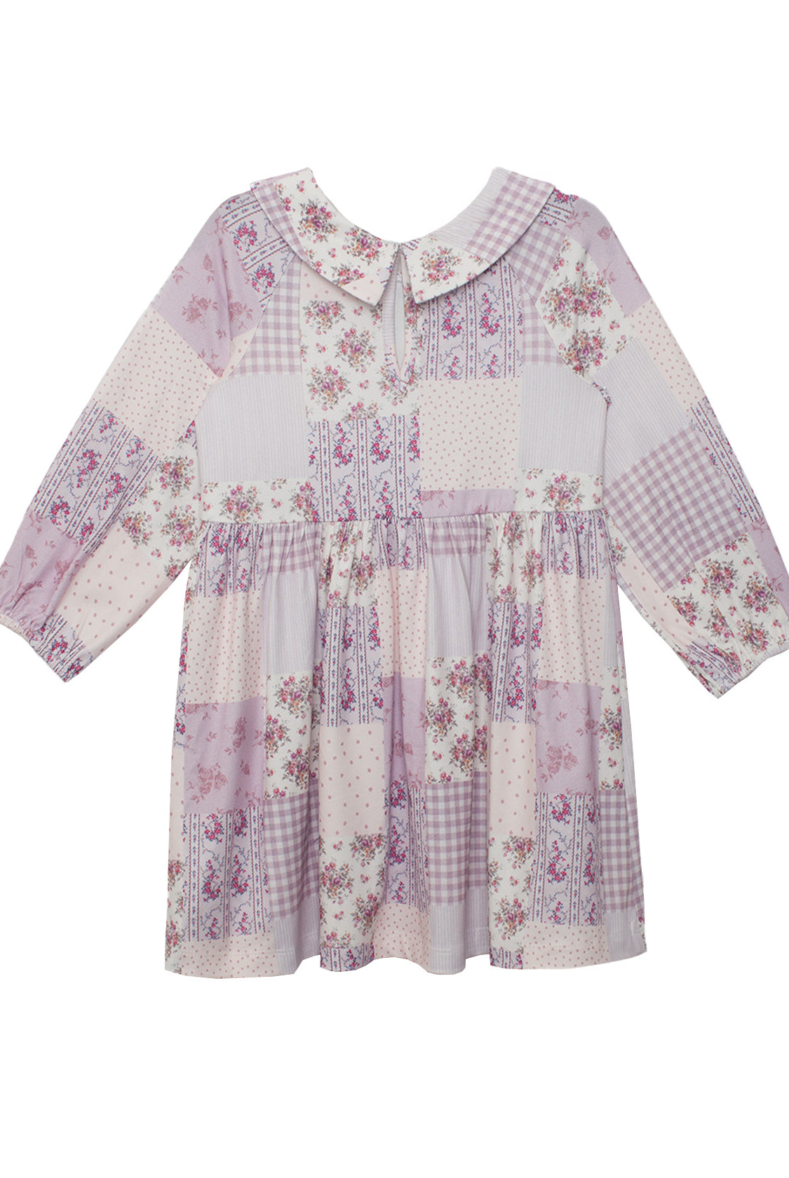 The Liliana Floral Dress by Mabel and Honey is a long-sleeved, knee-length children’s dress with a Peter Pan collar, pink and purple floral and gingham prints, and a button at the neckline for a charming finish.