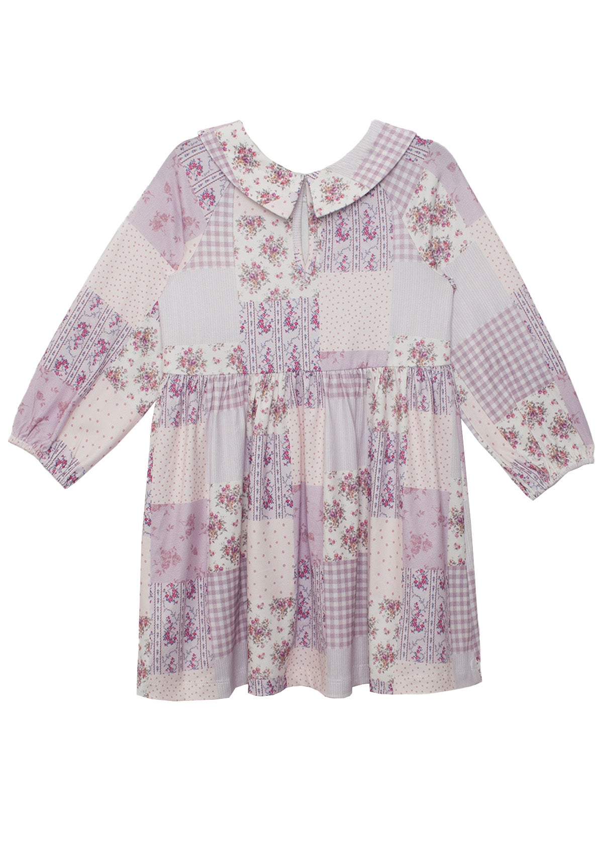 The Liliana Floral Dress by Mabel and Honey is a long-sleeved, knee-length children’s dress with a Peter Pan collar, pink and purple floral and gingham prints, and a button at the neckline for a charming finish.
