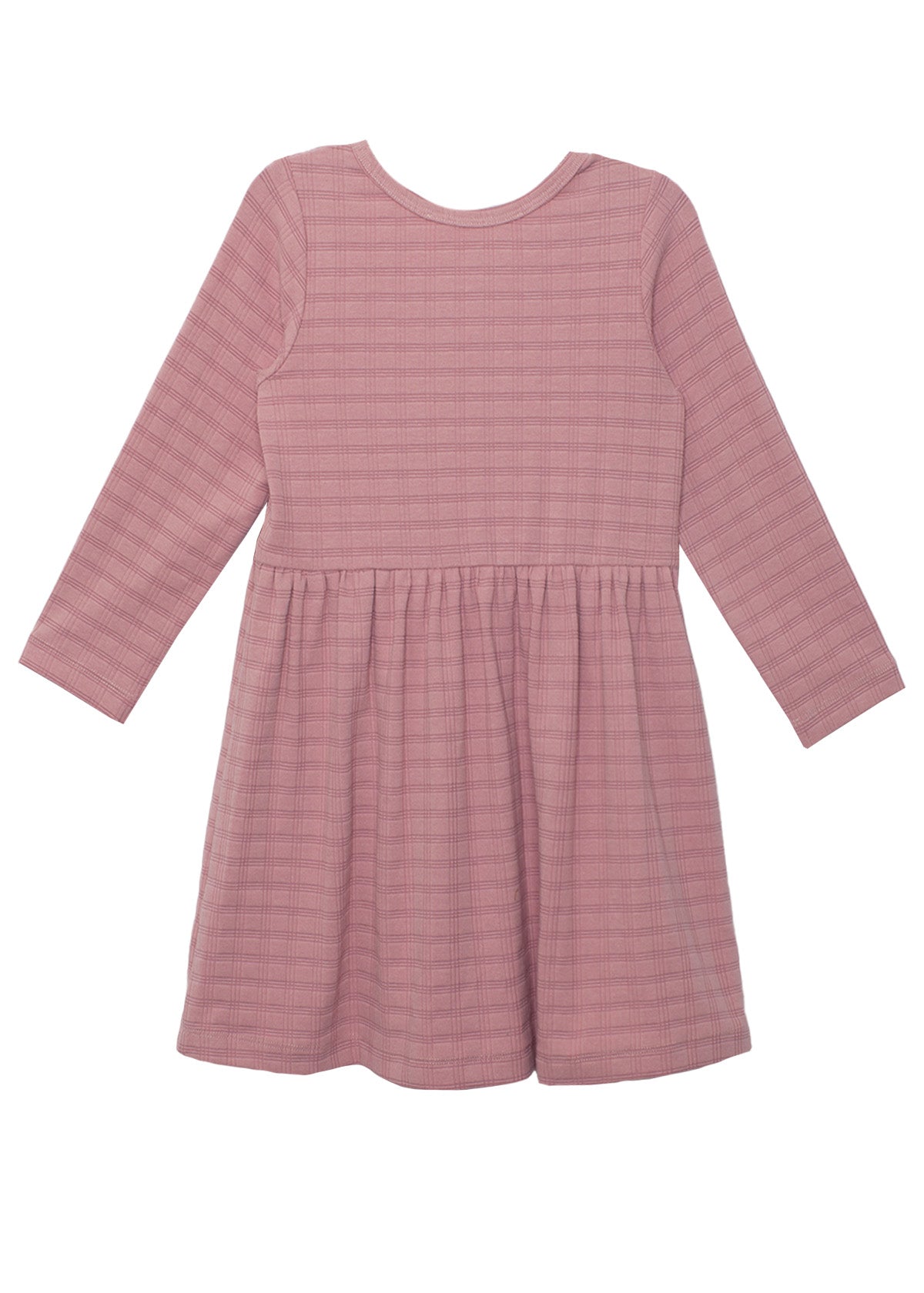 The Mabel and Honey Liliana Plaid Dress for kids has long sleeves, a gathered waist, and a flared skirt in dusty pink plaid, displayed on a plain white background.