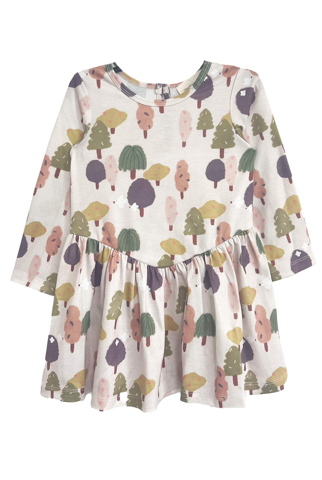 The Mabel and Honey Treehouse Dress is a long-sleeve, knee-length dress for kids with a flared skirt, showcasing a whimsical tree pattern in green, pink, purple, and yellow—ideal for nature-inspired style lovers.