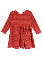 The Mabel and Honey Tea Party Red Gingham Dress features long sleeves, a round neck, gathered waist, and two scalloped skirt pockets—combining comfort and classic style for any occasion.