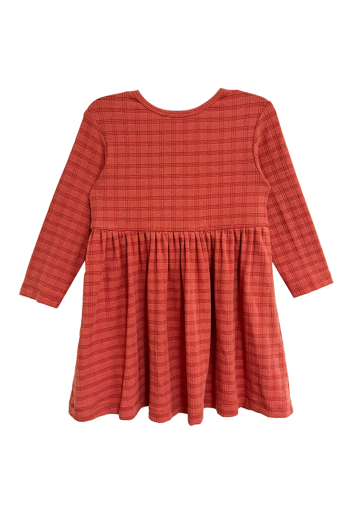 The Mabel and Honey Tea Party Red Gingham Dress is a long-sleeve, knee-length girls dress with a gathered waist and flared skirt, perfect for everyday elegance or as a charming tea party outfit, shown on a white background.