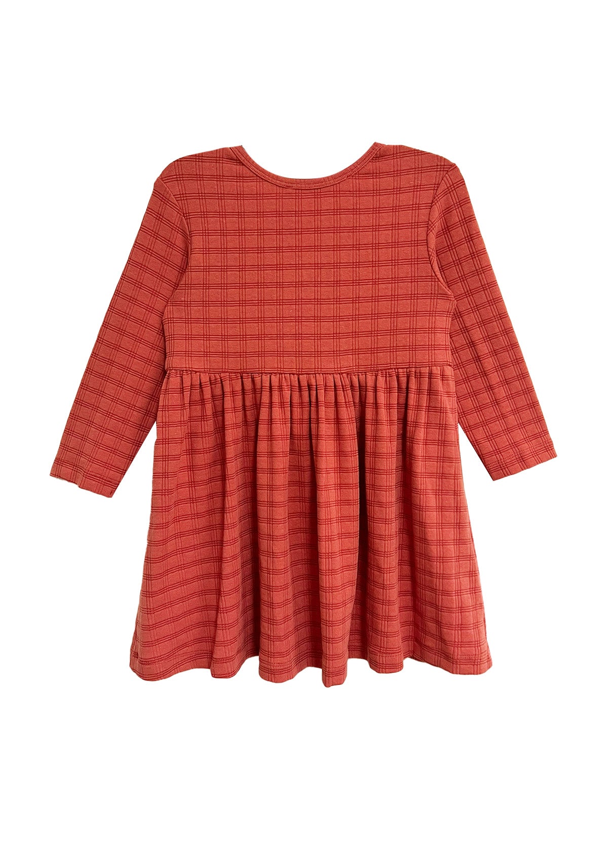 The Mabel and Honey Tea Party Red Gingham Dress is a long-sleeve, knee-length girls dress with a gathered waist and flared skirt, perfect for everyday elegance or as a charming tea party outfit, shown on a white background.