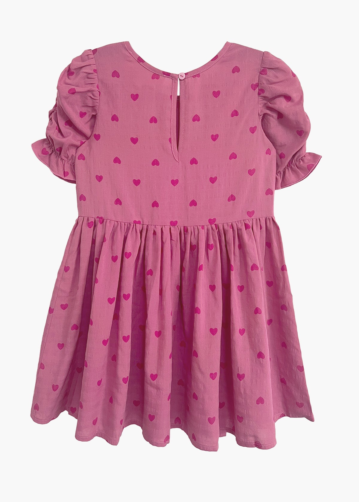 The Mabel and Honey Perfect in Pink Hearts Short Sleeve Dress for girls features a gathered skirt, short puffed sleeves, darker pink heart prints, and a back button closure.