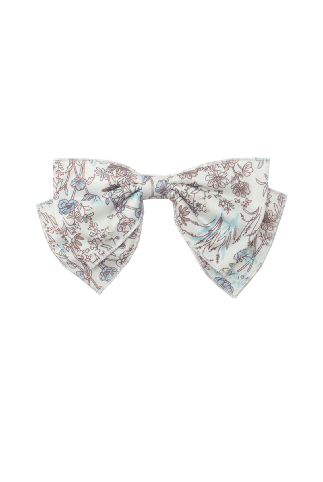 The Mabel and Honey Meadow Hair Accessory is a lightweight fabric bow for baby girls, featuring brown and light blue floral patterns on white. Shown against a plain white backdrop.