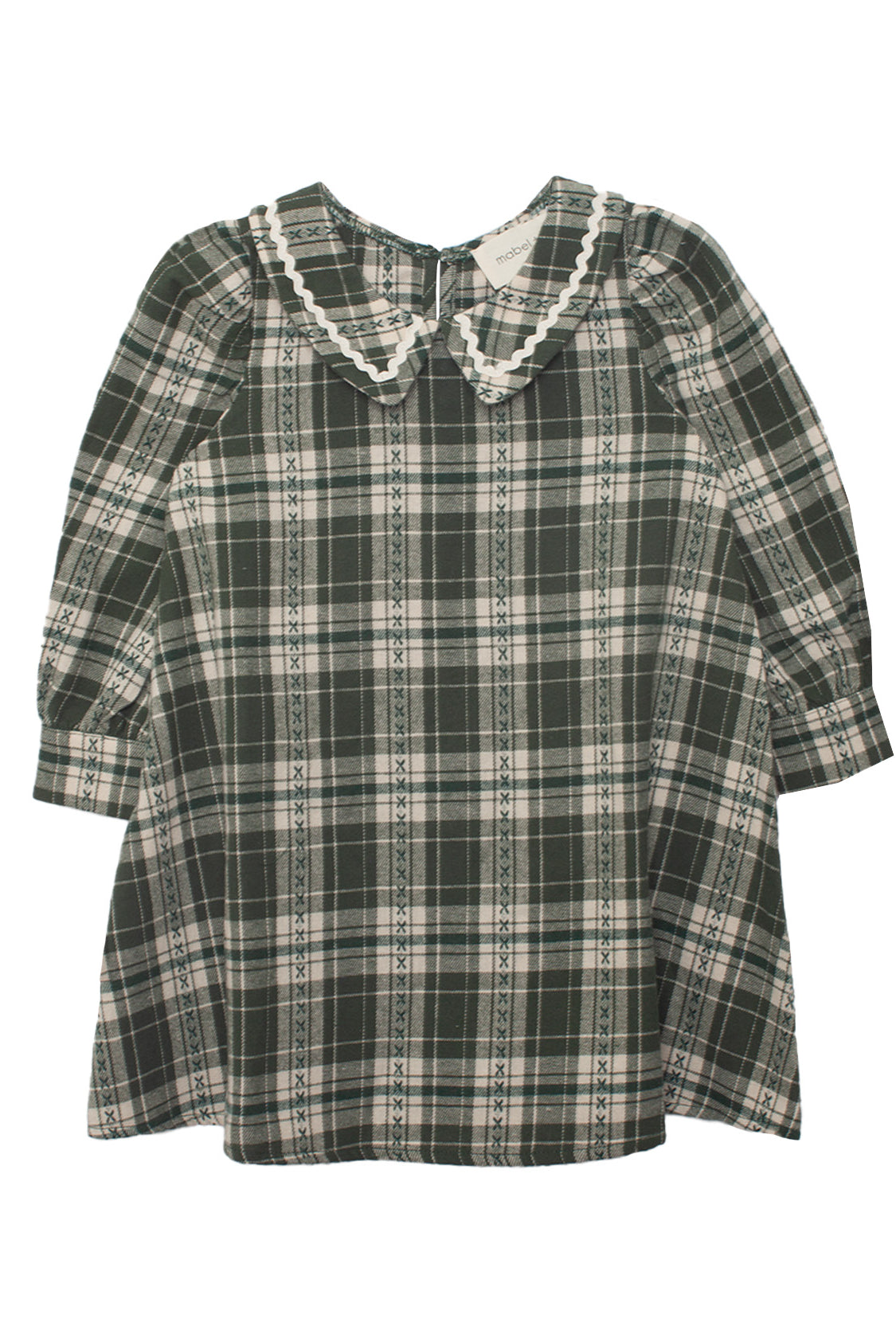 The Plaid & Pine Dress by Mabel and Honey is a girls' long-sleeve, knee-length dress with a green and white plaid pattern, Peter Pan collar, and delicate white lace trim at the neckline.