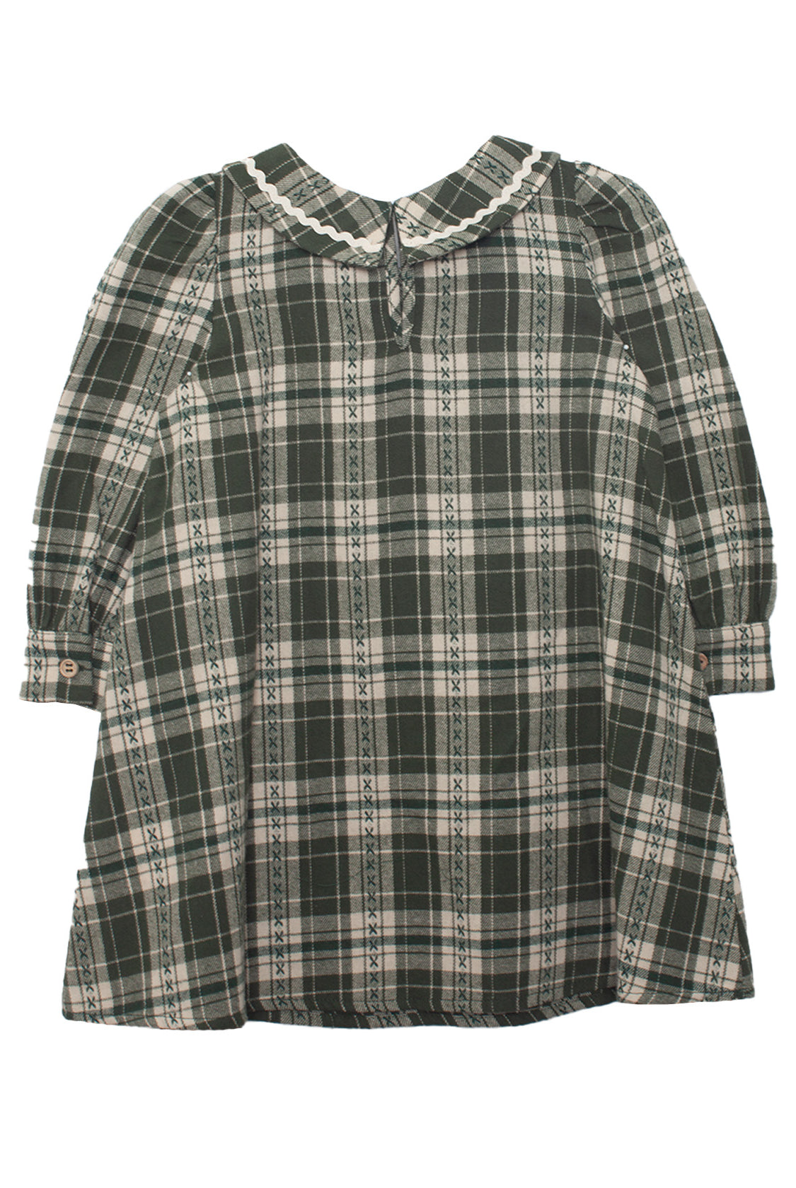 The Plaid & Pine Dress by Mabel and Honey is a charming green and white plaid girls' dress with a Peter Pan collar and buttoned cuffs, shown on a plain white background.
