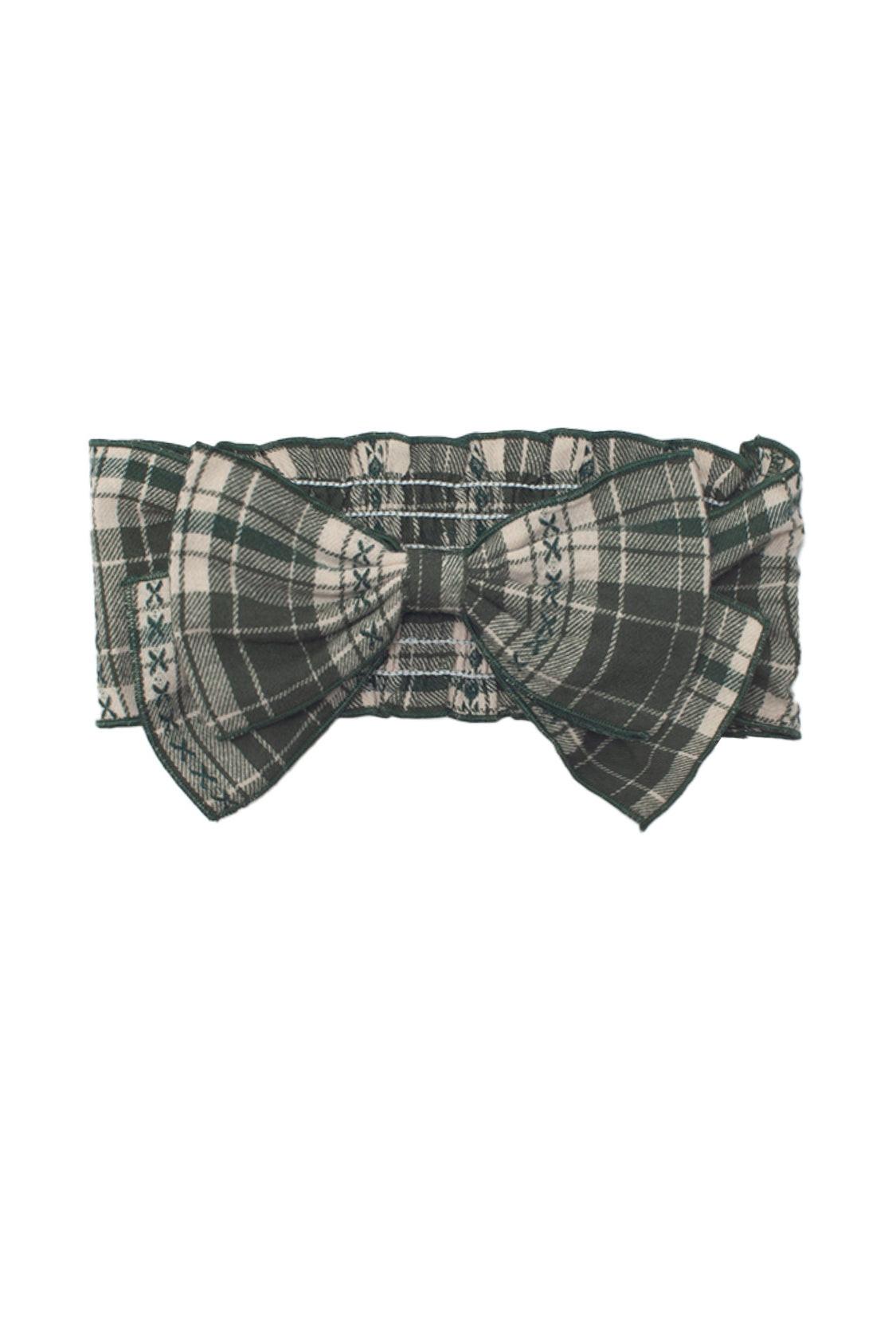 The Plaid & Pine Hair Accessory by Mabel and Honey is a green and white plaid headband with a large center bow and stitched edge detail—an adorable, handcrafted baby hair accessory.
