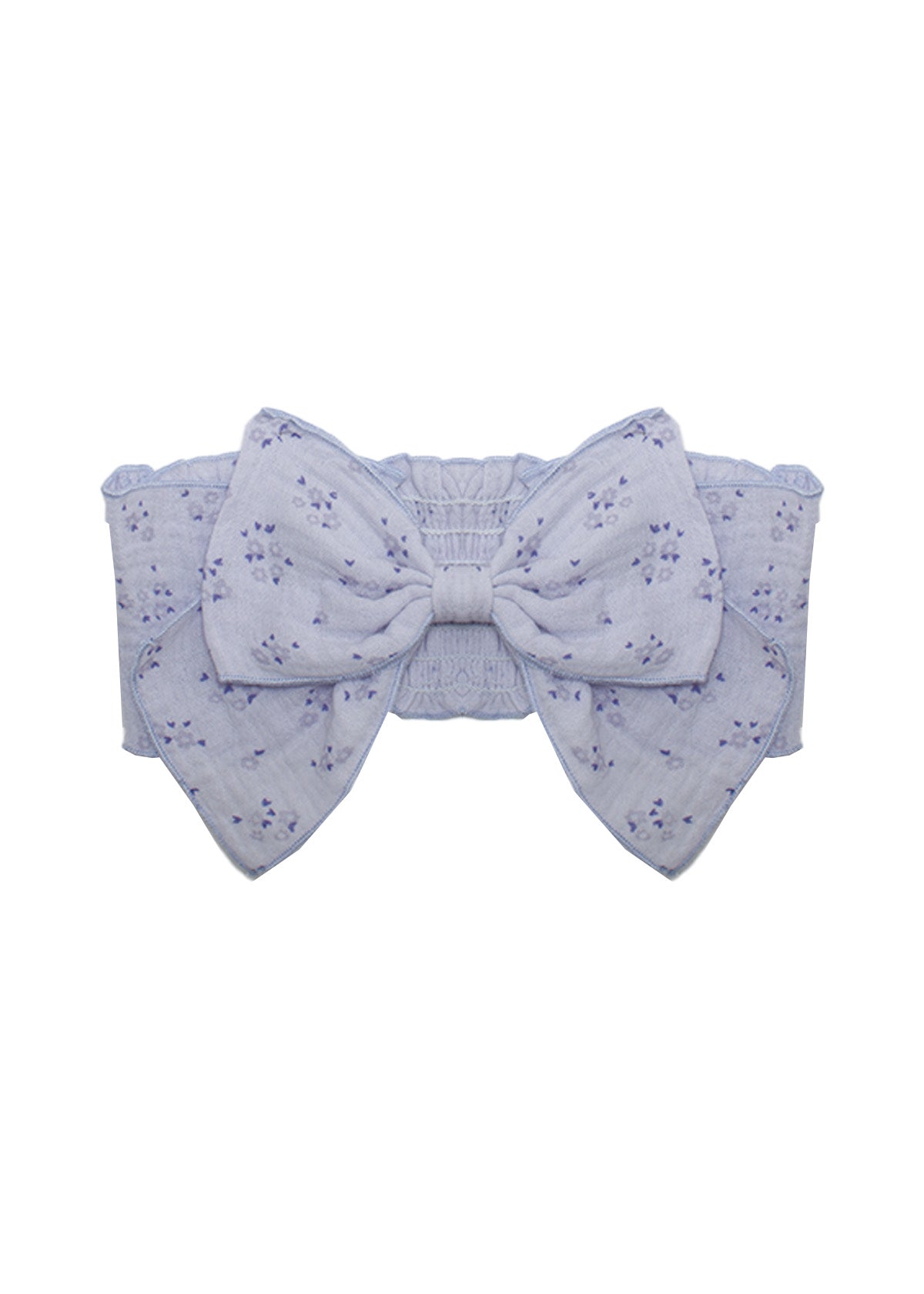 The Lana Hair Accessory by Mabel and Honey features a wide lavender fabric belt with a large center bow, subtle small flower pattern, and an elastic back—making it a charming touch for your baby girl.