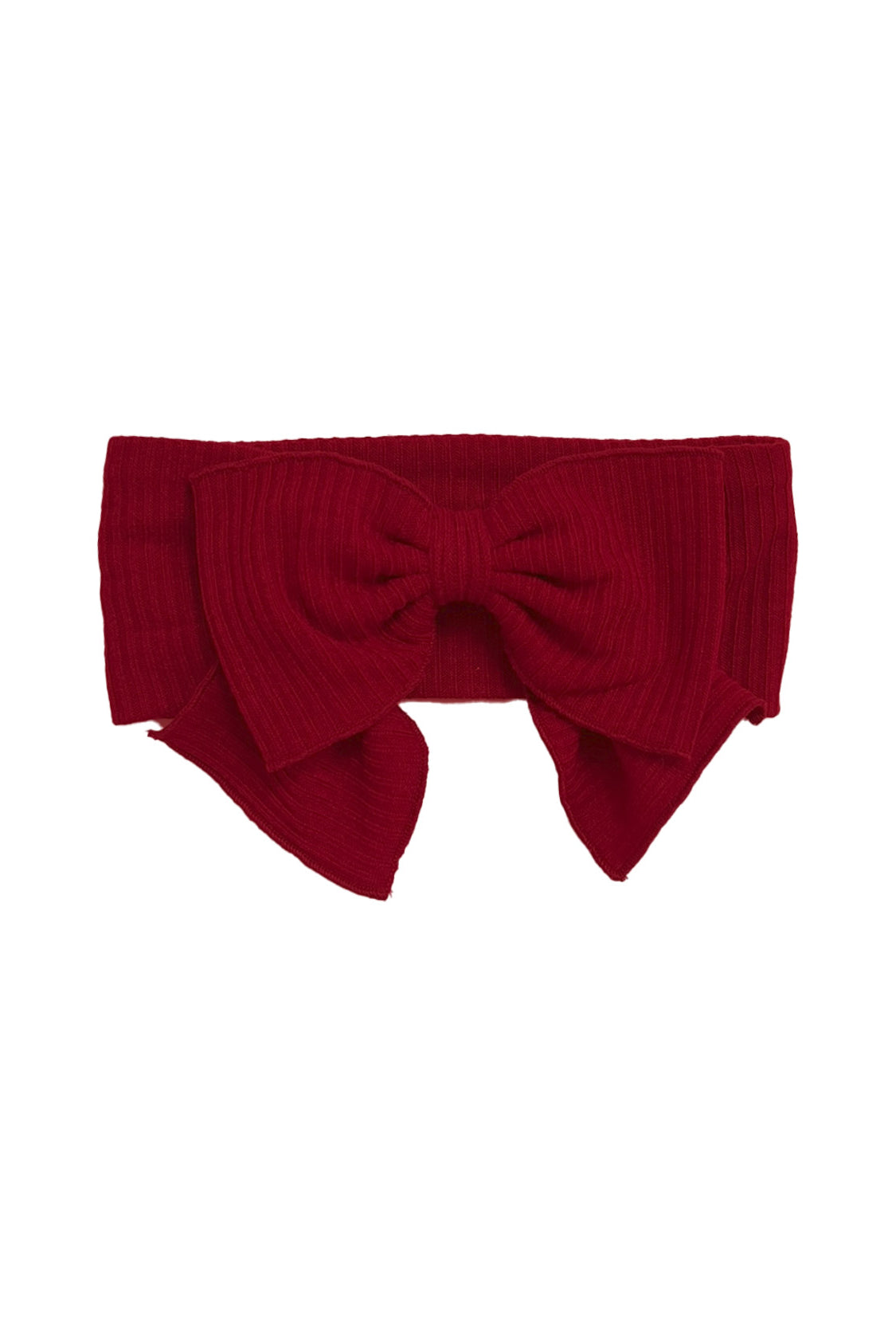 The Rosie Hair Accessory by Mabel and Honey is a bold red, ribbed headband with a large bow in the center for an eye-catching style.