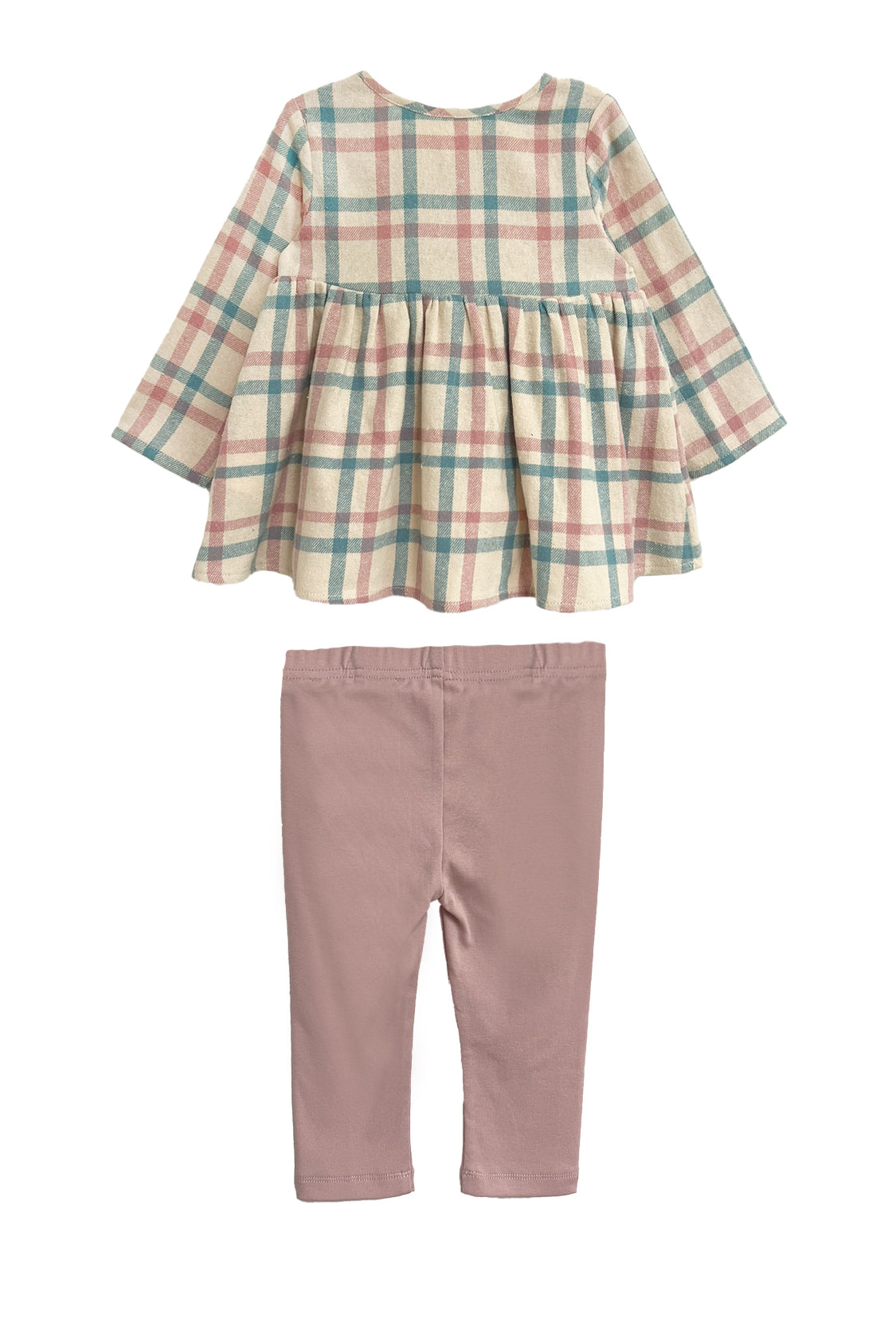 The Phoebe Two Piece Set by Mabel and Honey includes a pastel plaid top with gathered waist and long sleeves, paired with solid pink leggings—cute and comfy for toddlers.