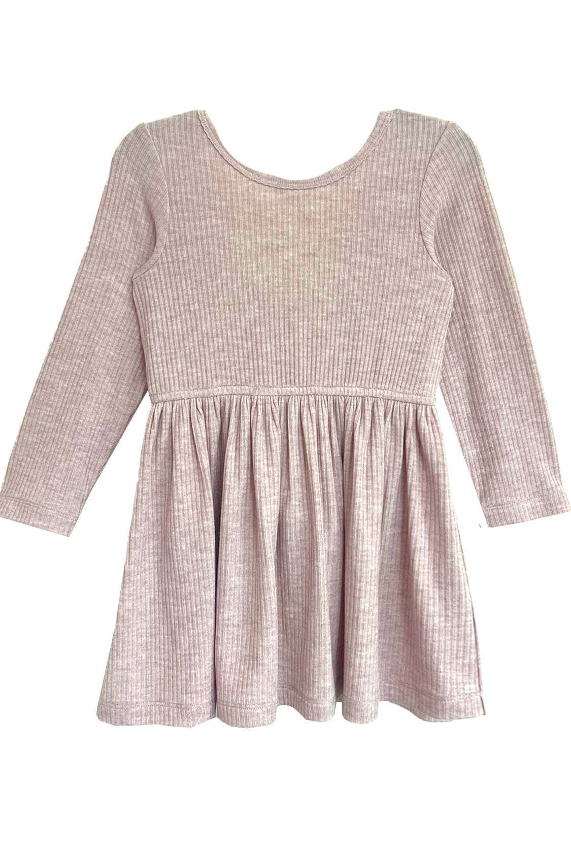 The Heather Dress by Mabel and Honey features a ribbed texture, gathered skirt, and simple round neckline in light pink, offering timeless, effortless style with no visible buttons or embellishments.