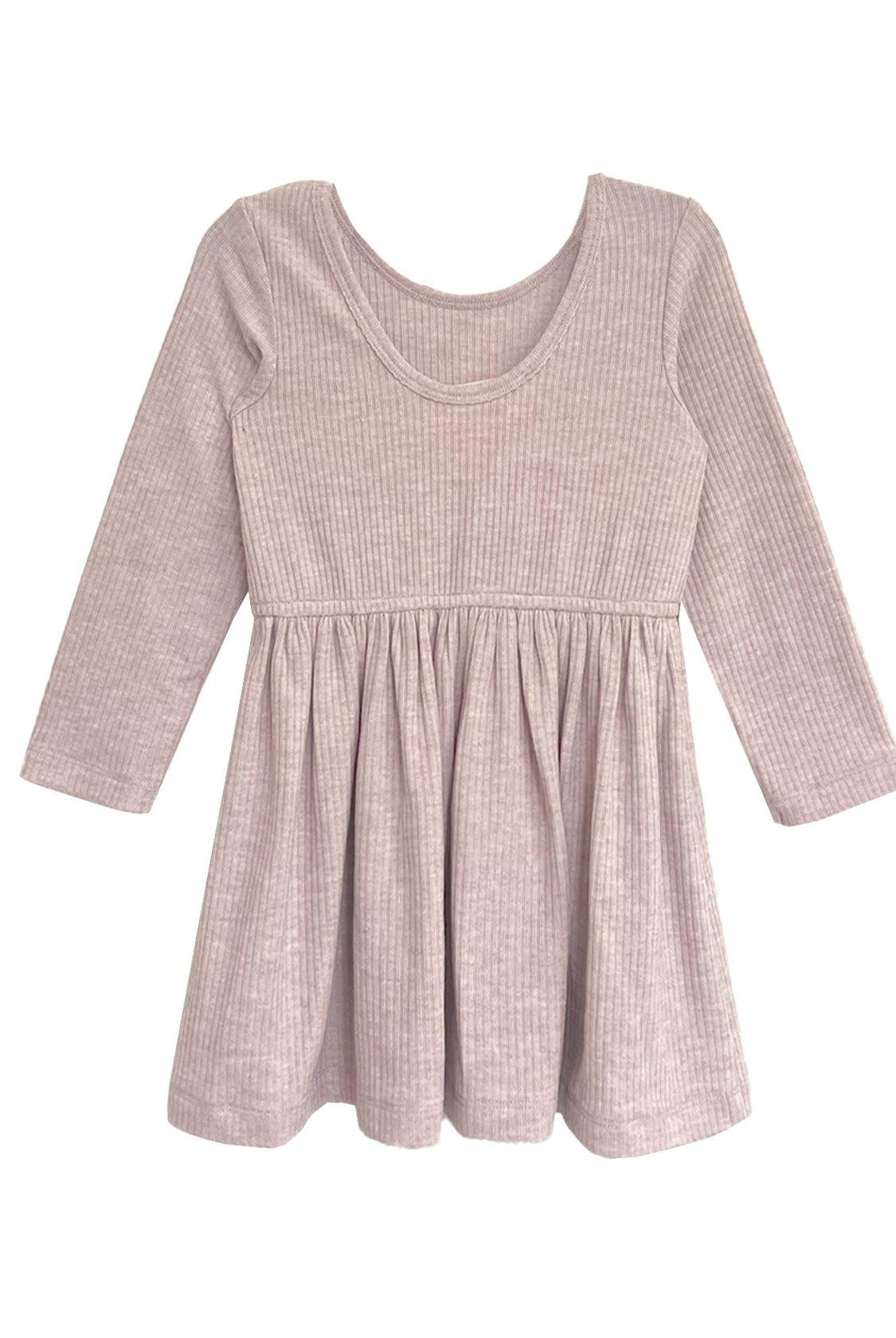 The Heather Dress by Mabel and Honey is a ribbed pink long sleeve dress for children, featuring a round neckline, gathered skirt, and soft textured fabric for comfort.