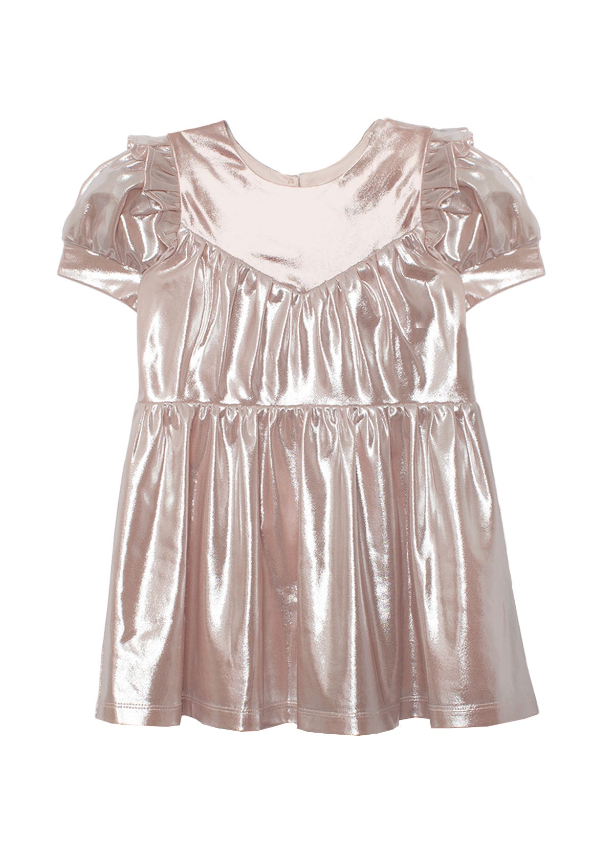 The Isobella and Chloe Golden Glow Pink Dress is a metallic pink children’s dress with puffed short sleeves, ruffled shoulder details, and an A-line silhouette.
