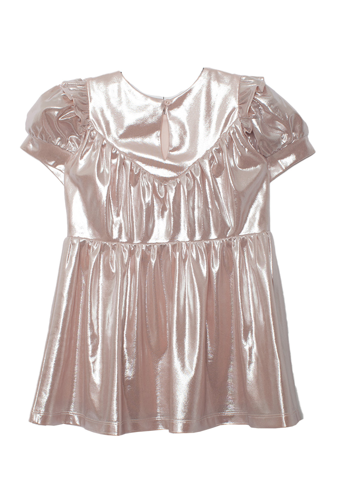 The Golden Glow Pink Dress by Isobella and Chloe features a shiny metallic pink finish, puffed short sleeves, ruffled chest and sleeve details, plus a keyhole button closure at the back for a standout, reflective look.