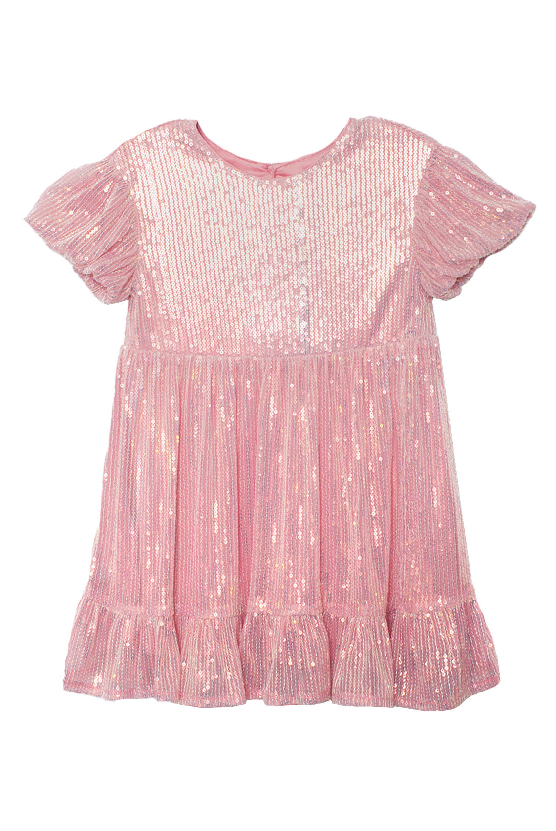 The Glitter and Glitz Dress by Isobella and Chloe is a pink, short-sleeved, knee-length sequin dress for girls with a round neck, gathered waist, and ruffled hem—ideal as a glittery party dress.