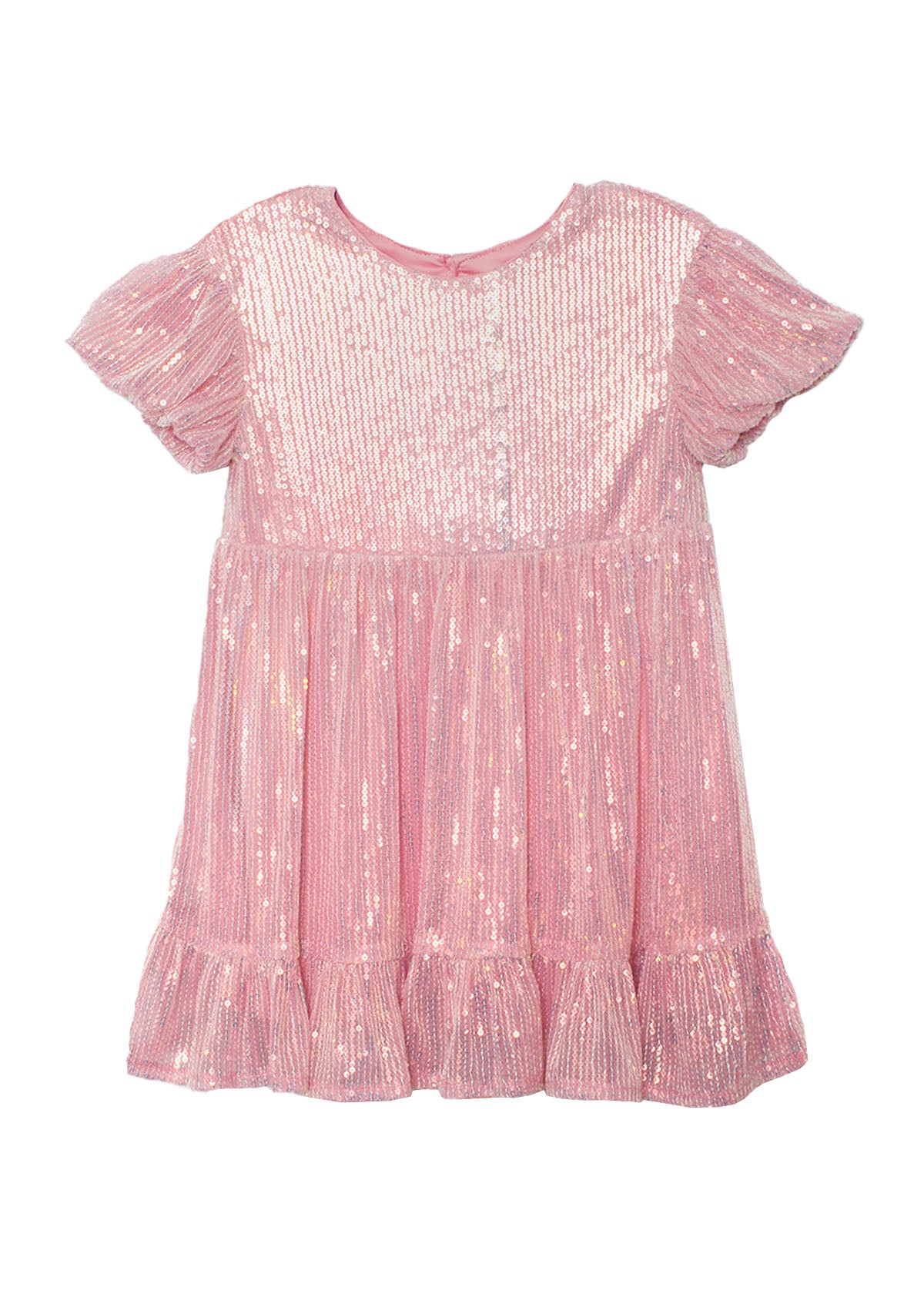 The Glitter and Glitz Dress by Isobella and Chloe is a pink, short-sleeved, knee-length sequin dress for girls with a round neck, gathered waist, and ruffled hem—ideal as a glittery party dress.