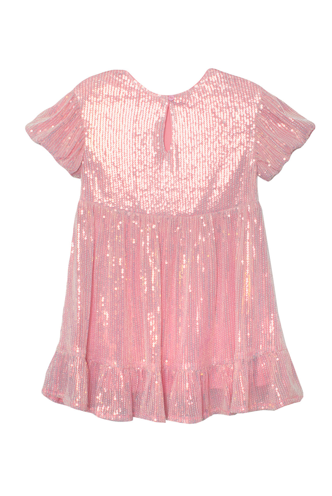 The Isobella and Chloe Glitter and Glitz Dress is a short-sleeved, knee-length pink sequin dress for girls with shiny sequins, a ruffled hem, and a button keyhole back—perfect for any party.