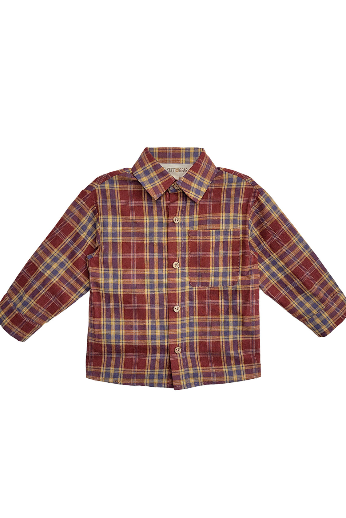 The Beckett and Bear Noah Shirt is a kids’ long-sleeved plaid shirt in red, yellow, and blue, with a front chest pocket and classic collar for timeless button-down style.