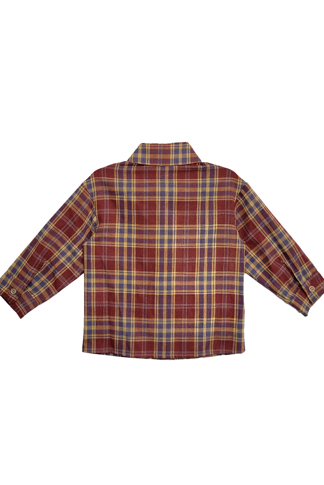 The Beckett and Bear Noah Shirt is a men's long-sleeve button-down with a vibrant red, yellow, and blue plaid pattern, shown flat with the back facing up.