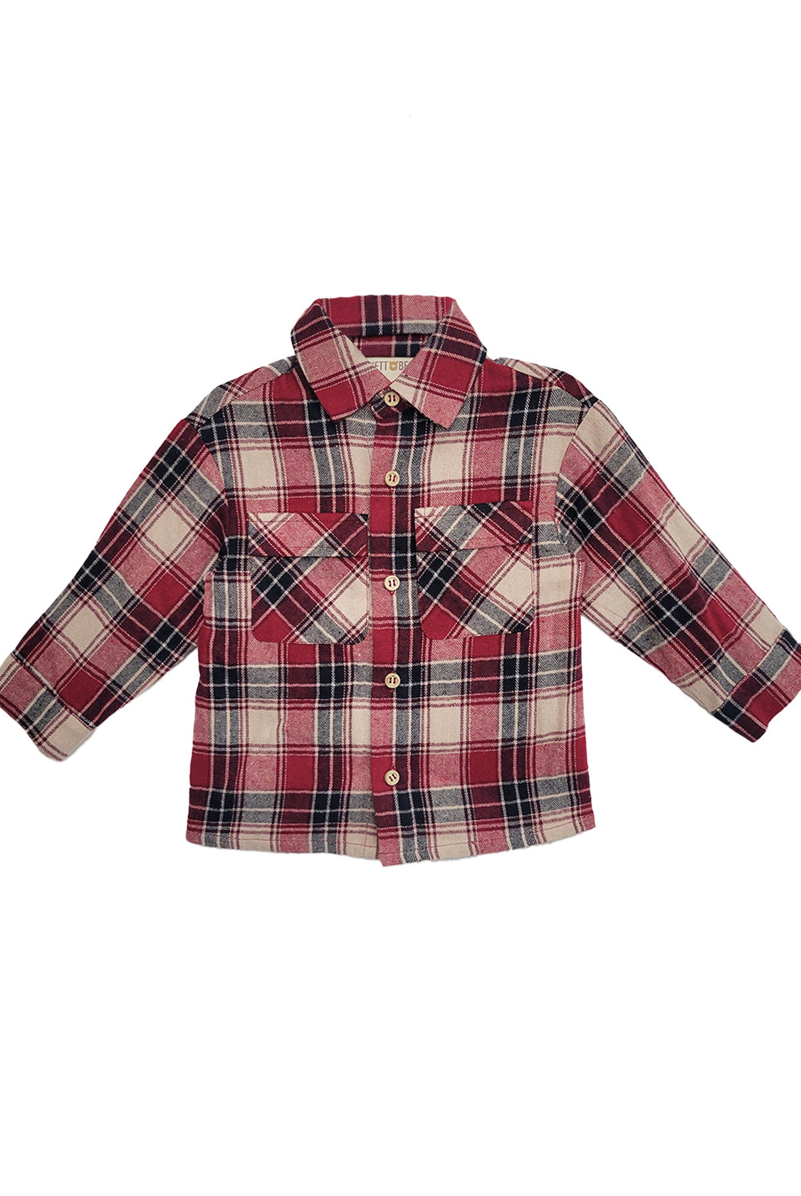 The Beckett and Bear Henry Jacket is a kids' long-sleeve button-down with a red, white, and black plaid pattern, two chest pockets, and a classic collar.