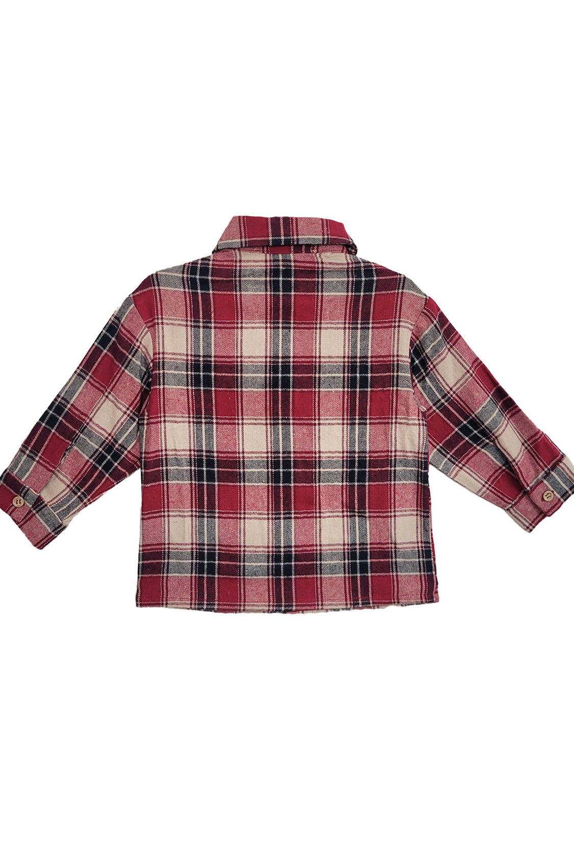 The Henry Jacket by Beckett and Bear is a kids’ long-sleeved flannel button-down shirt with red, white, and black plaid, shown from the back.