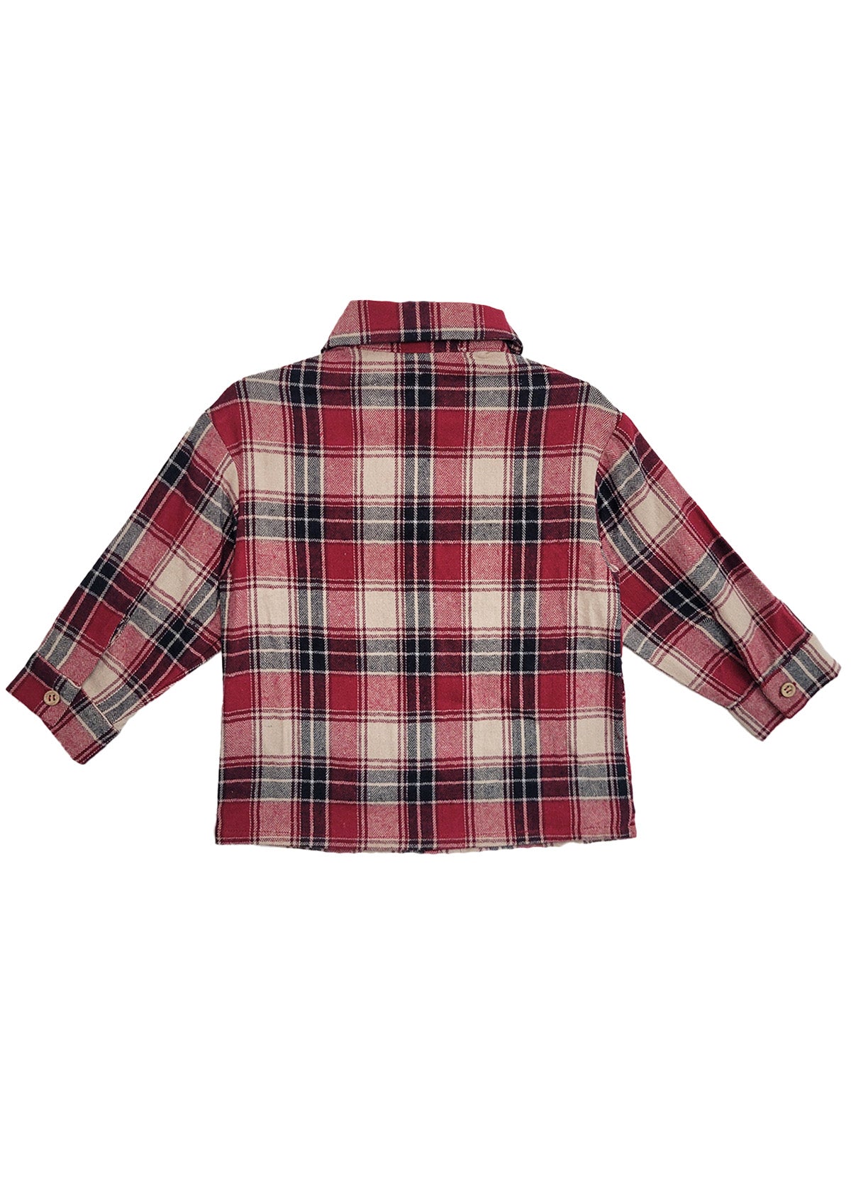 The Henry Jacket by Beckett and Bear is a kids’ long-sleeved flannel button-down shirt with red, white, and black plaid, shown from the back.