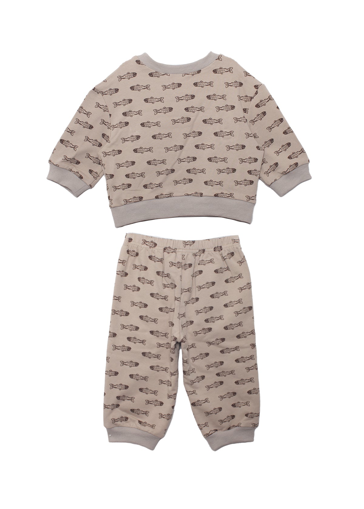 The Isaiah Two Piece Set by Beckett and Bear is a beige kids' pajama set with a brown animal print, long-sleeve top, pants, and light gray cuffs, hems, and collar. Shown on a white background.