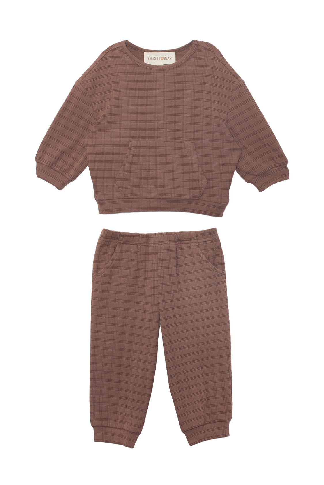 The Beckett and Bear Theo Two Piece Set features a cozy brown checkered long-sleeve sweatshirt with a front pocket and matching jogger pants with elastic cuffs and side pockets, perfect children’s loungewear, shown laid flat on white.