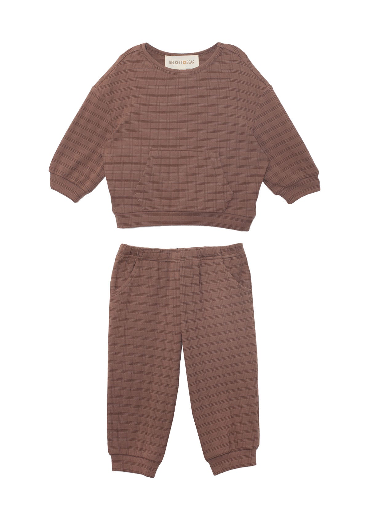 The Beckett and Bear Theo Two Piece Set features a cozy brown checkered long-sleeve sweatshirt with a front pocket and matching jogger pants with elastic cuffs and side pockets, perfect children’s loungewear, shown laid flat on white.