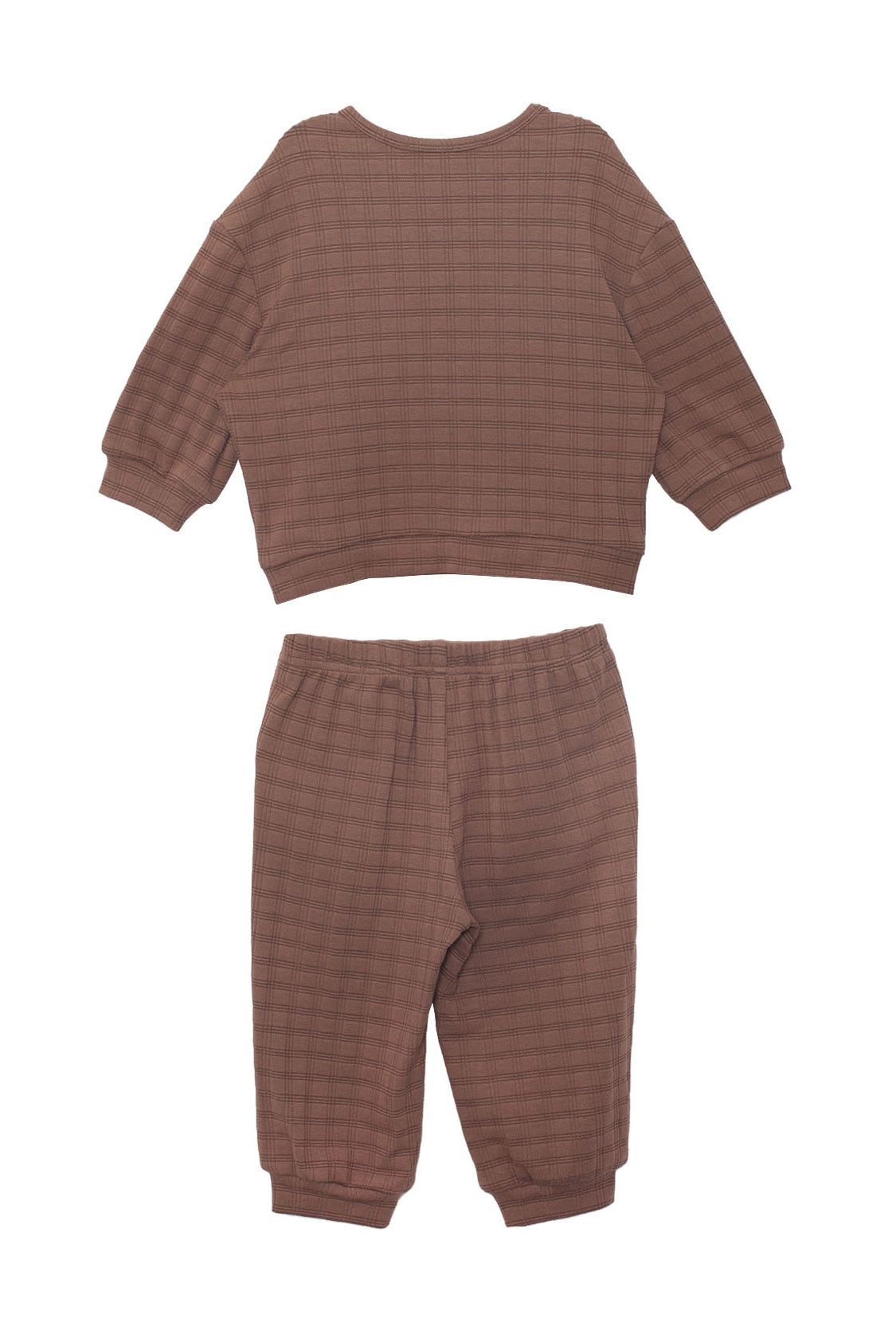 The Beckett and Bear Theo Two Piece Set for kids features a brown checkered plaid design with a long-sleeve top and matching elastic-cuff pants, both shown flat on a white background.
