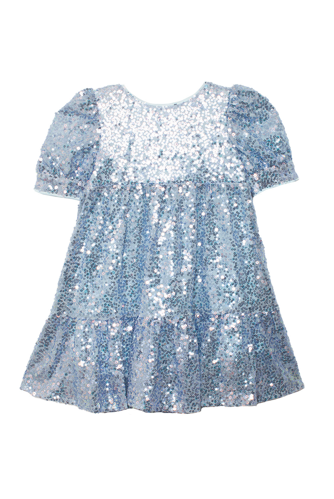 The Isobella and Chloe Starry Blue Glitter Dress is a short-sleeve, knee-length party dress with a round neckline, puffed sleeves, shiny blue and silver sequins, and a flared, ruffled skirt—perfect for girls' parties.