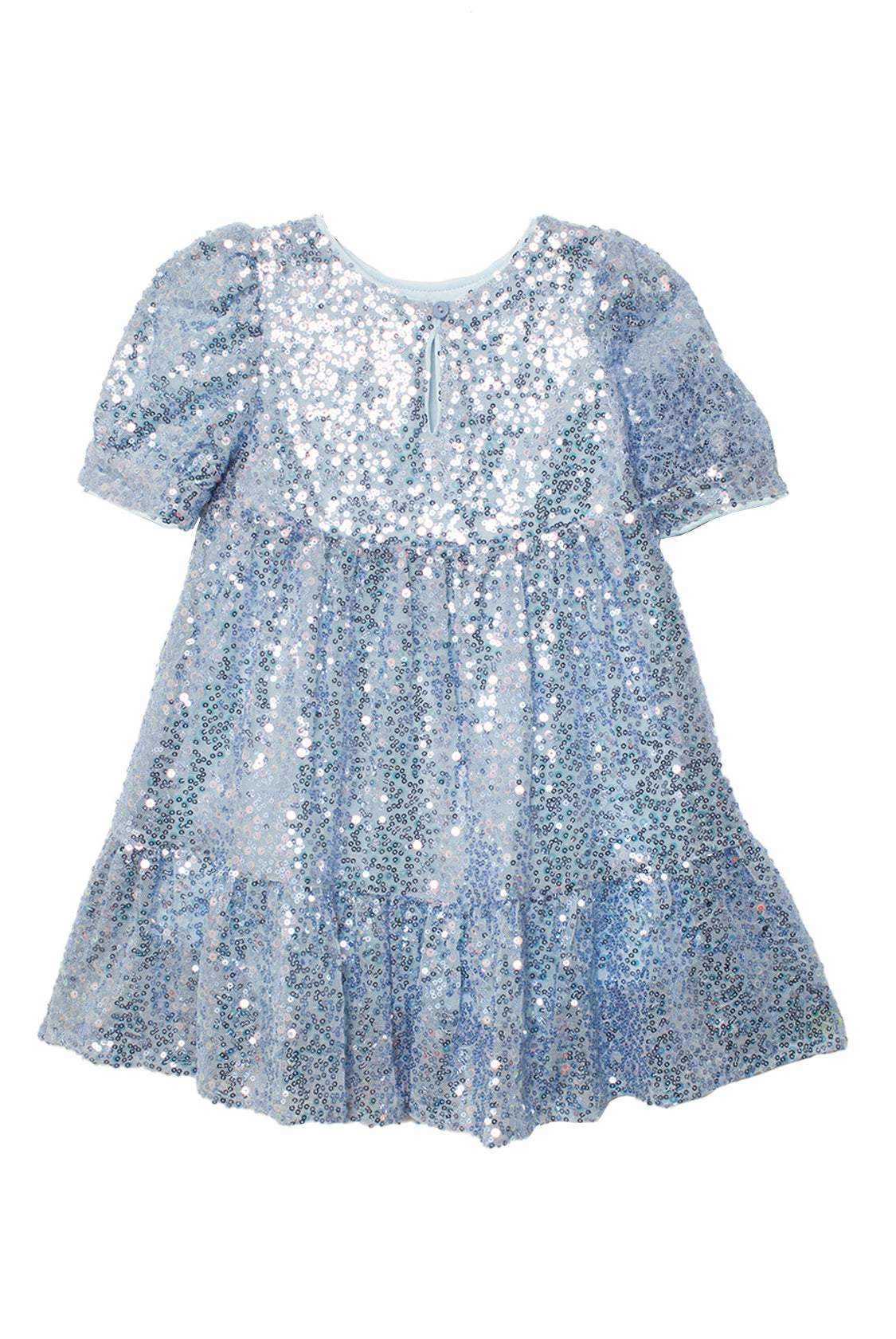 The Isobella and Chloe Starry Blue Glitter Dress is a light blue girls' party dress with shimmering sequins, puffy sleeves, a round neckline, flared gathered skirt, and a playful keyhole back opening.