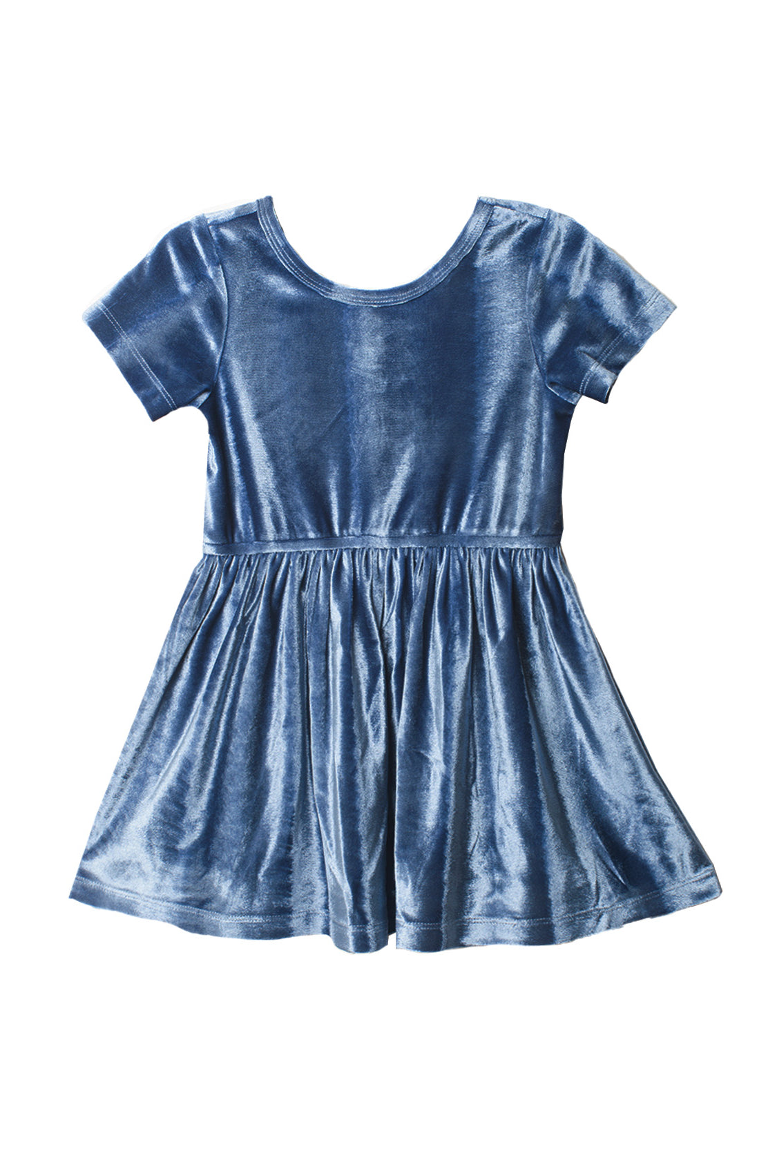 The Isobella and Chloe Starry Blue Velvet Dress features short sleeves, a round neckline, and a gathered flared skirt, making it perfect for girls’ special occasions. Shown in knee-length on a plain white background.
