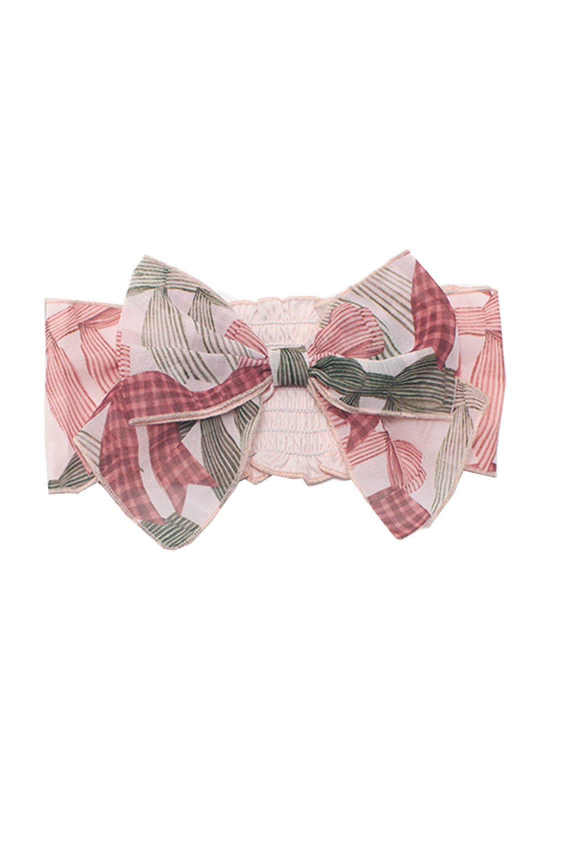 The Bow-tiful Hair Accessory by Mabel and Honey is a charming pink hairband for baby girls, featuring a large bow with a pink and green leaf pattern—perfect for any occasion.