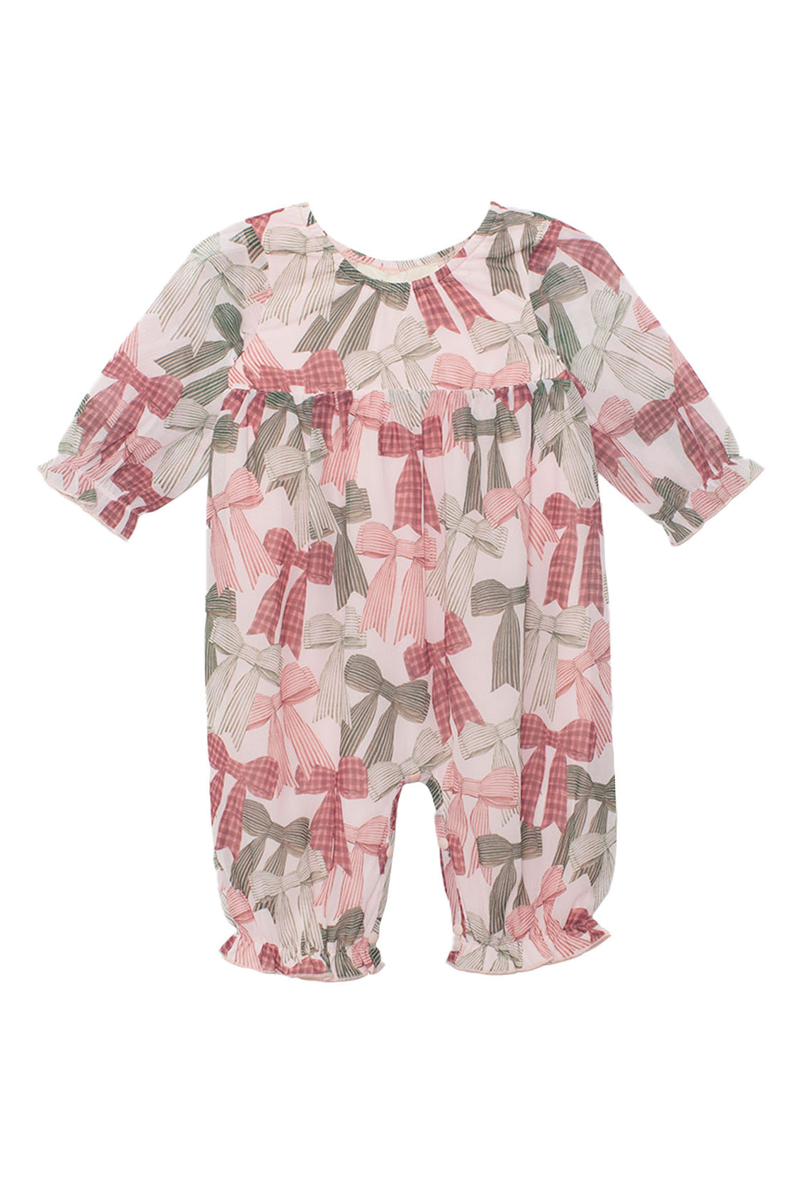 The Mabel and Honey Bow-tiful Romper is a long-sleeve baby girls’ outfit with a ruffle neckline and cuffs, featuring pink, red, and green bows on a white background.