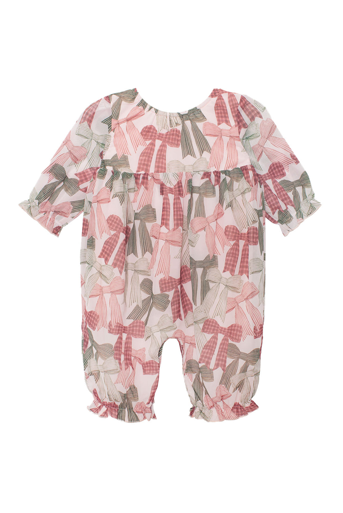 The Bow-tiful Romper by Mabel and Honey is a charming long sleeve baby girl romper with ruffled cuffs and playful pink, red, and green bows on white, finished with gathered waist and ankles.