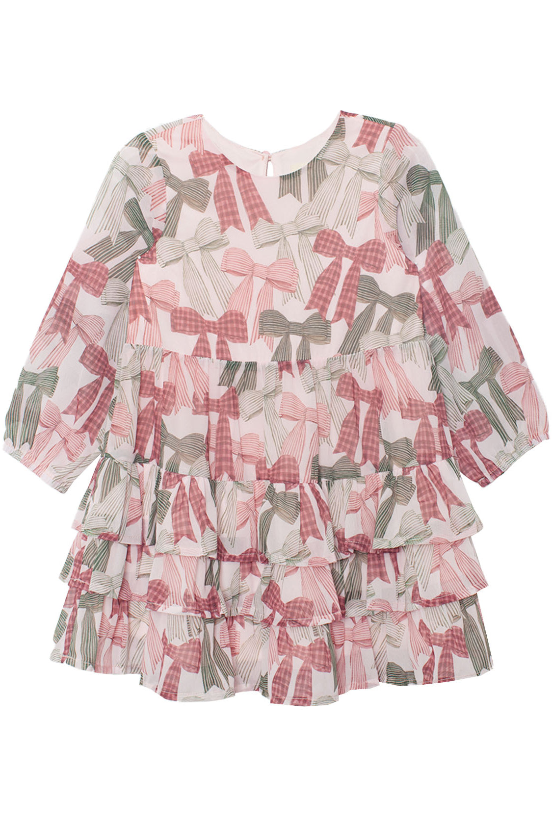 The Bow-tiful Dress by Mabel and Honey is a girls’ long sleeve dress with playful tiers, ruffles, and a pink-and-green bow print on crisp white.