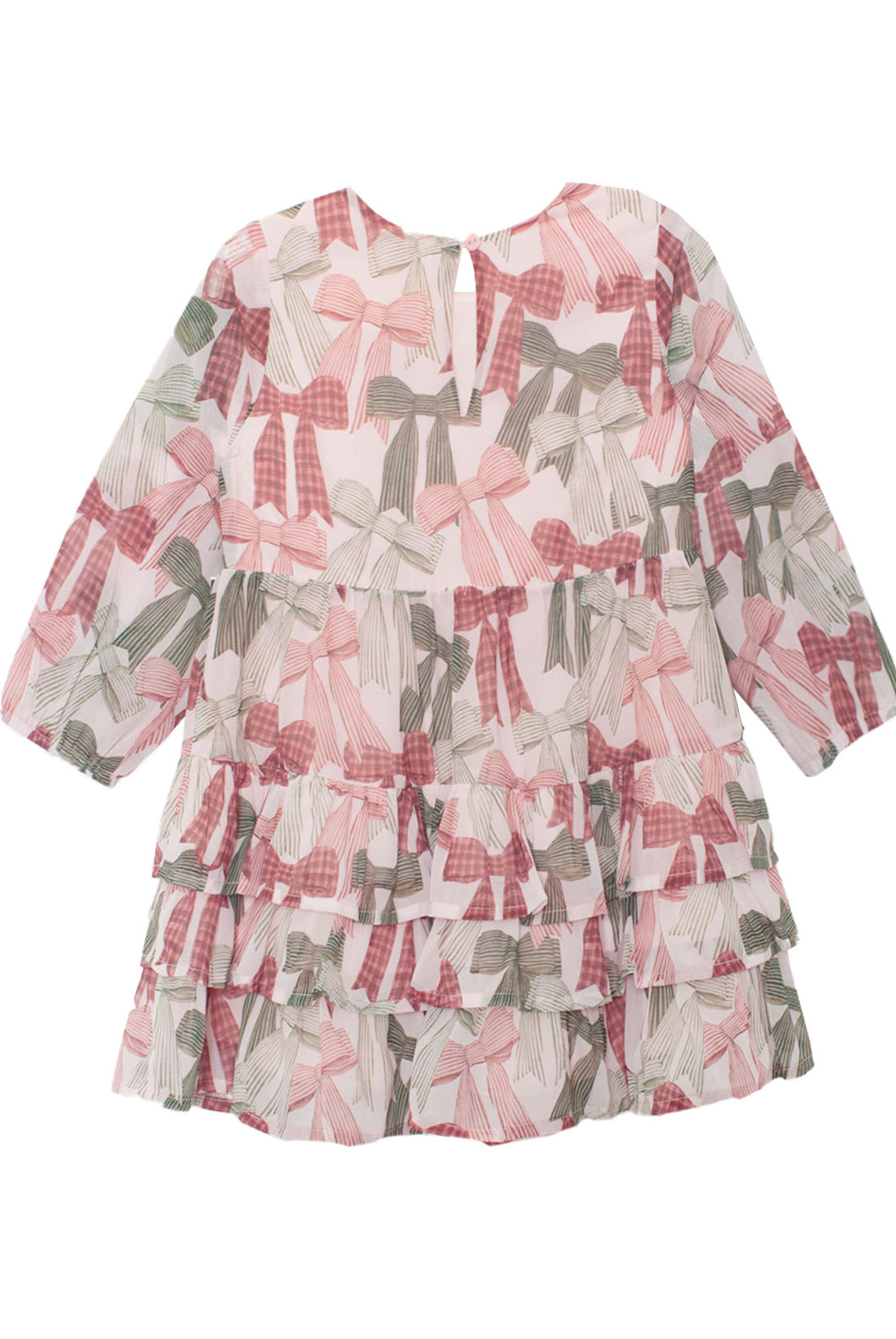 The Bow-tiful Dress by Mabel and Honey features pink and green bow prints on white, ruffle details, a tiered skirt, and back buttons—ideal for girls who love pretty touches.