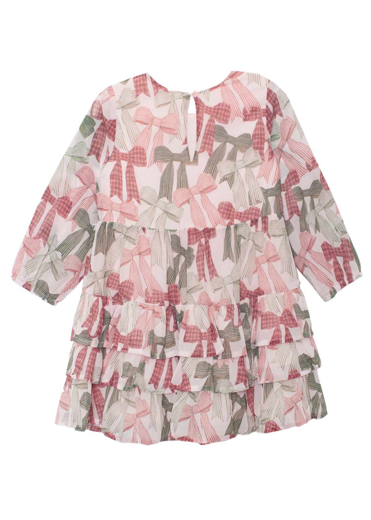 The Bow-tiful Dress by Mabel and Honey features pink and green bow prints on white, ruffle details, a tiered skirt, and back buttons—ideal for girls who love pretty touches.