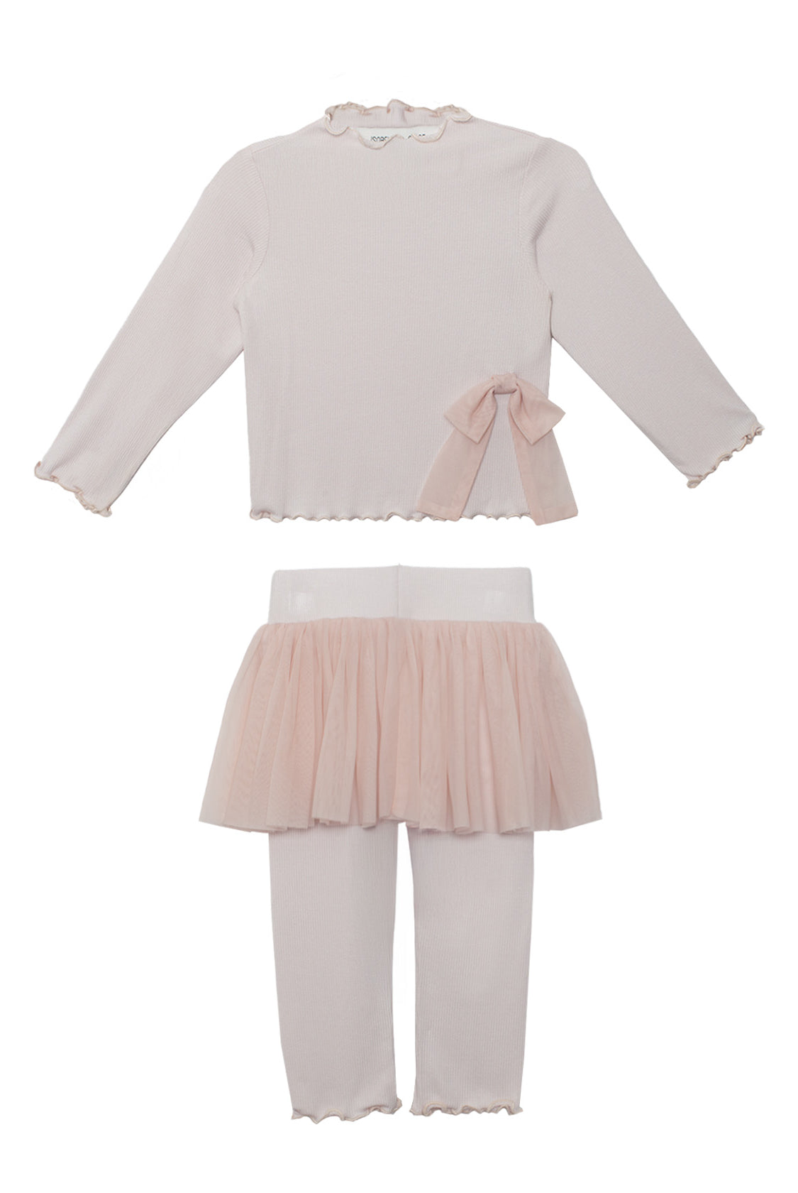 The Isobella and Chloe Ballerina Two Piece Pant Set in light pink includes a long-sleeve top with ruffled neckline and bow, plus ribbed leggings with a soft tulle skirt overlay for a charming, dance-inspired style.
