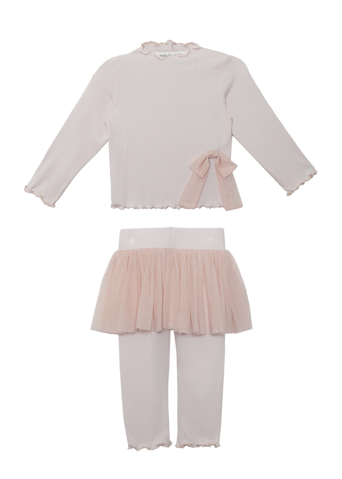 The Isobella and Chloe Ballerina Two Piece Pant Set in light pink includes a long-sleeve top with ruffled neckline and bow, plus ribbed leggings with a soft tulle skirt overlay for a charming, dance-inspired style.