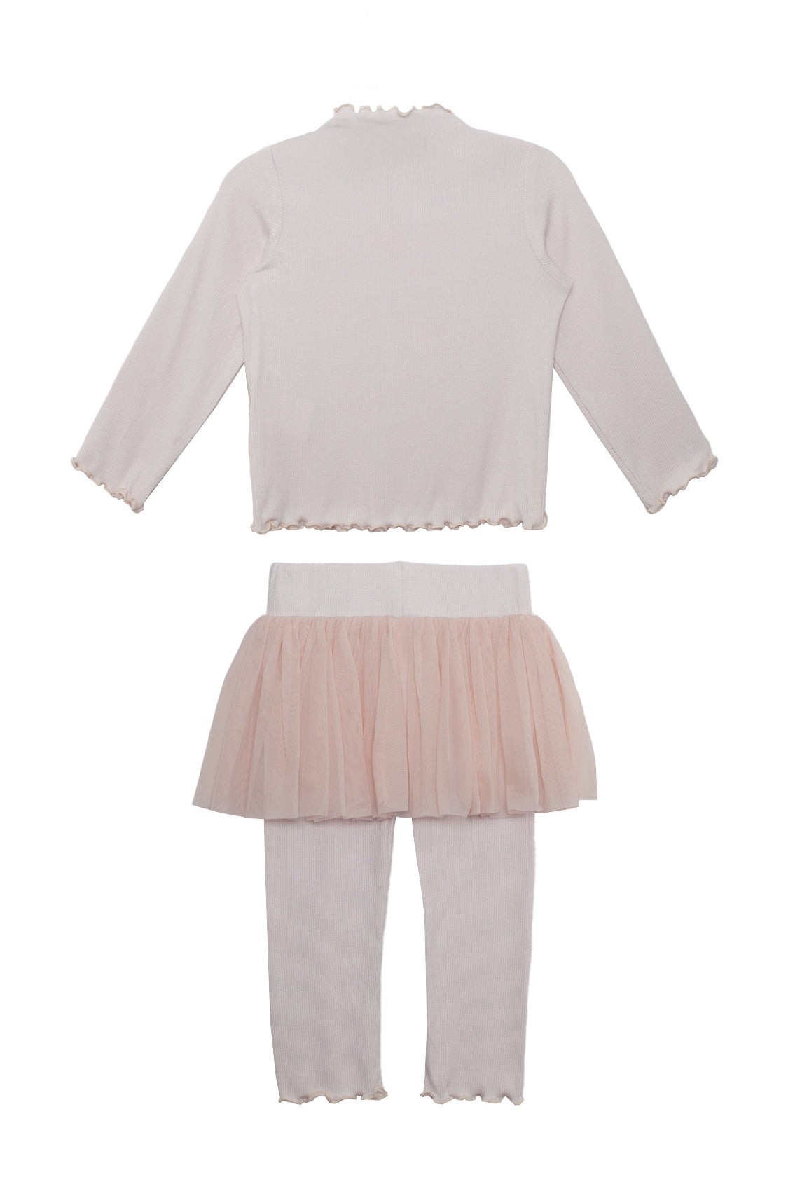 The Isobella and Chloe Ballerina Two Piece Pant Set features a pale pink long-sleeve ruffled top and ribbed leggings, styled with a pink tulle skirt, all displayed flat on a white background.