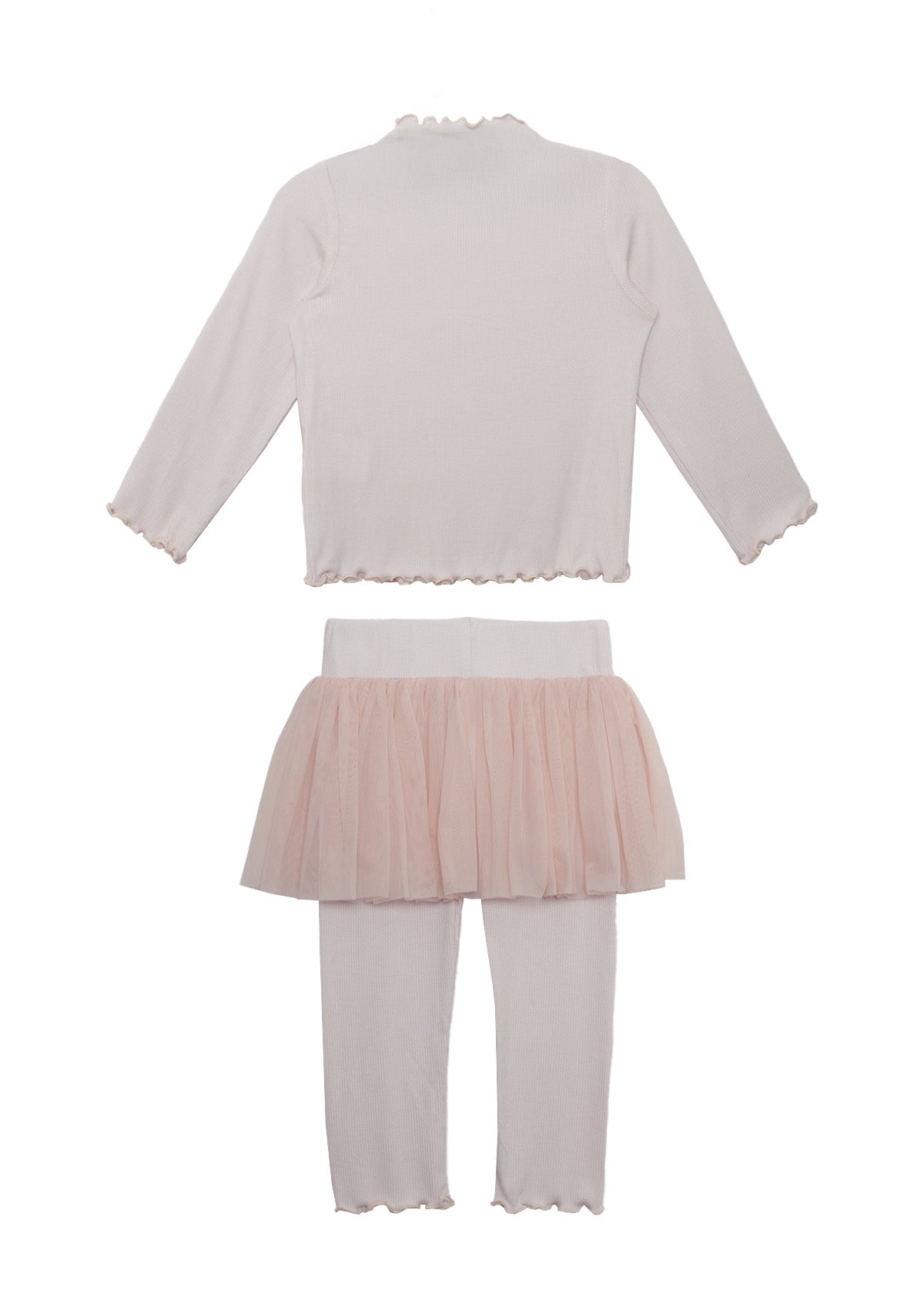 The Isobella and Chloe Ballerina Two Piece Pant Set features a pale pink long-sleeve ruffled top and ribbed leggings, styled with a pink tulle skirt, all displayed flat on a white background.